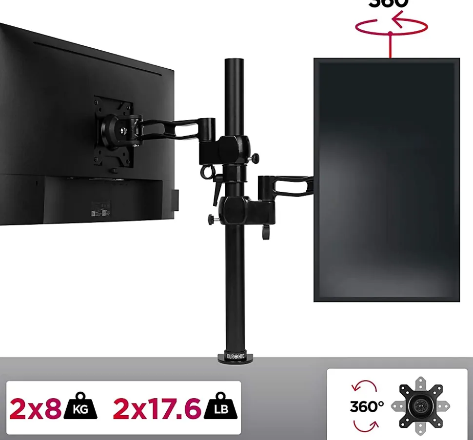 DM35V2X2 Support 2 écrans PC à pince pour bureau Bras de moniteur Rotatif Inclinable Pivotant Compatible VESA 75 100 Duronic