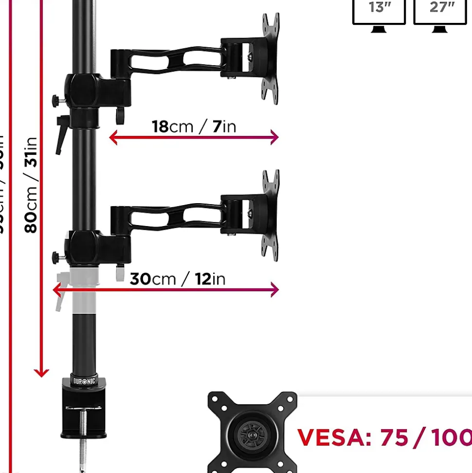 DM35V2X2 Support 2 écrans PC à pince pour bureau Bras de moniteur Rotatif Inclinable Pivotant Compatible VESA 75 100 Duronic