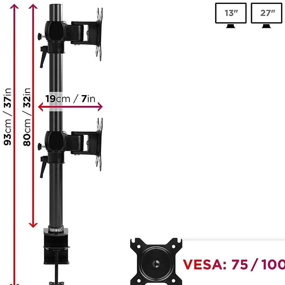DM35V2X1 Support 2 écrans PC à pince pour bureau Bras de moniteur Rotatif Inclinable Pivotant Compatible VESA 75 100 Duronic