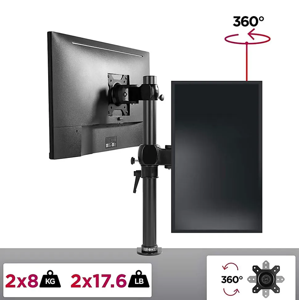 DM35V2X1 Support 2 écrans PC à pince pour bureau Bras de moniteur Rotatif Inclinable Pivotant Compatible VESA 75 100 Duronic