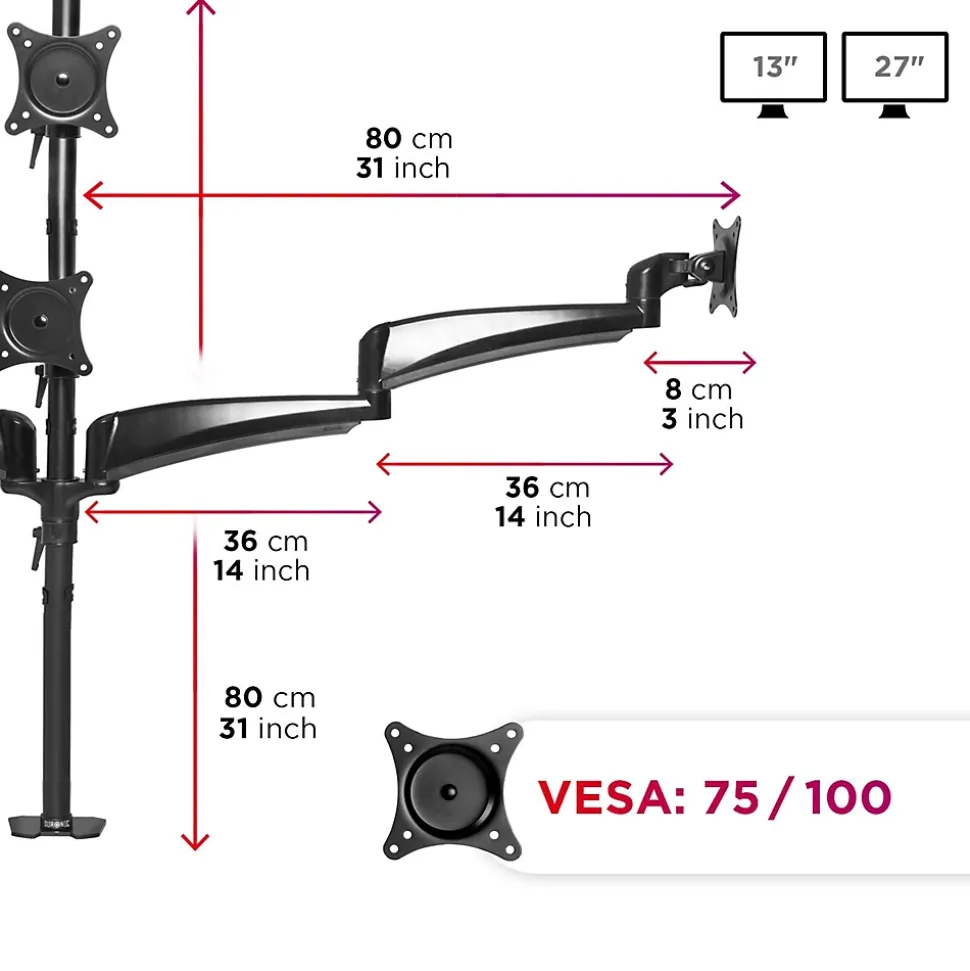 DM453VX1 Support 4 écrans PC à pince pour bureau Bras de moniteur Rotatif Inclinable Pivotant Compatible VESA 75 100 Duronic