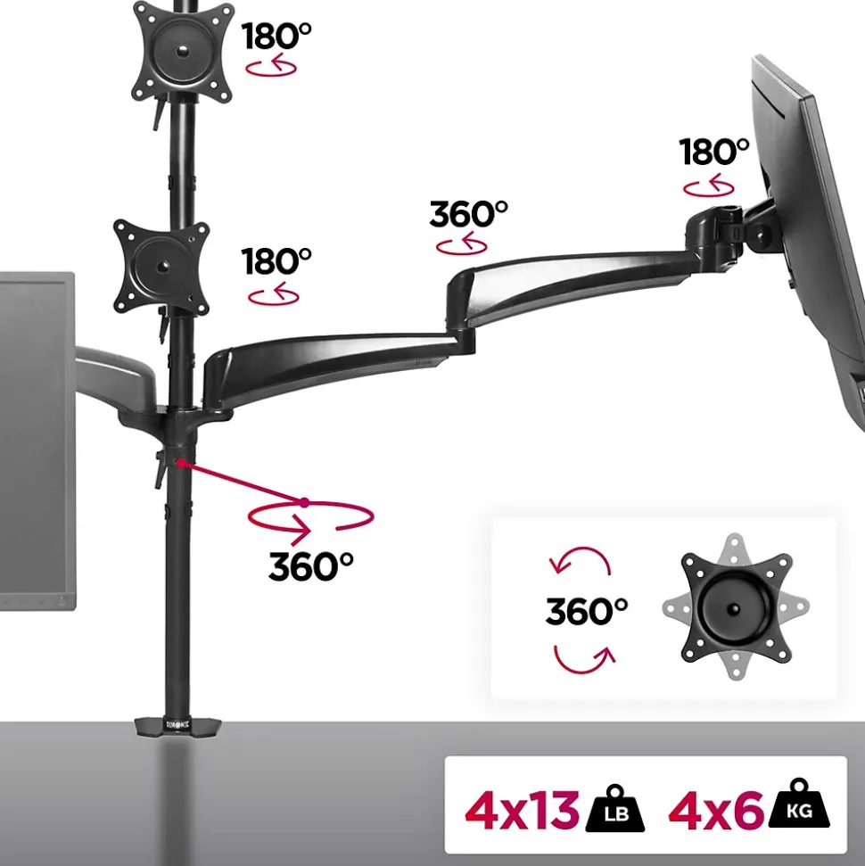 DM453VX1 Support 4 écrans PC à pince pour bureau Bras de moniteur Rotatif Inclinable Pivotant Compatible VESA 75 100 Duronic
