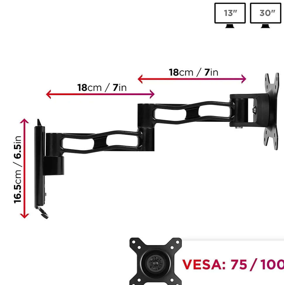 DM35W1X3 Support mural écran PC Bras de moniteur Rotatif Inclinable Pivotant Compatible VESA 75 100 Passe câble Duronic
