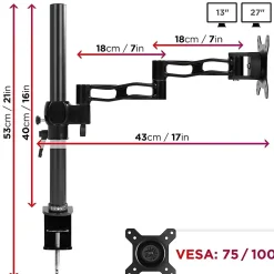 DM351X3 BK Support écran PC à pince pour bureau Bras de moniteur Rotatif Inclinable Pivotant Compatible VESA 75 100 Duronic