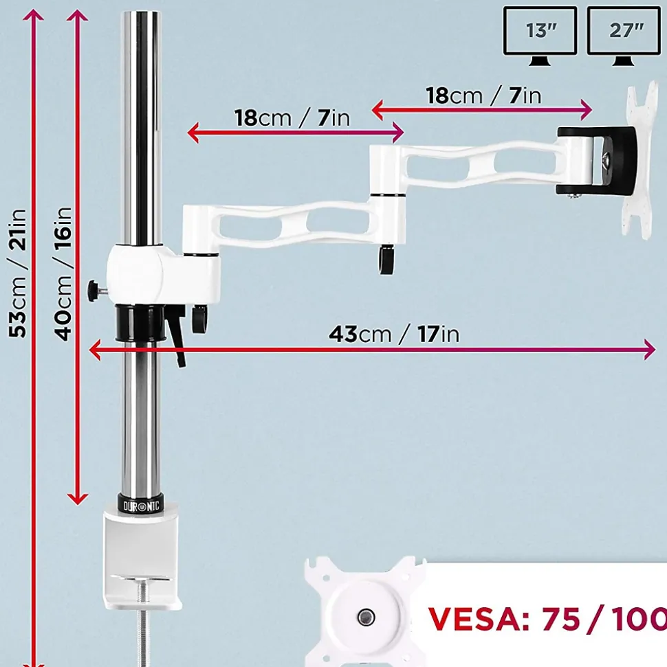 DM351X3 WE Support écran PC à pince pour bureau Bras de moniteur Rotatif Inclinable Pivotant Compatible VESA 75 100 Duronic