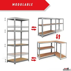 Double étagère métallique 160 x 160 cm, 8 plateaux de rangement, 640 kg, acier galvanisé, modulable - 30 cm - Gris - EURO VANADIUM