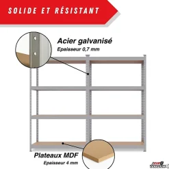 Double étagère métallique 160 x 160 cm, 8 plateaux de rangement, 640 kg, acier galvanisé, modulable - 30 cm - Gris - EURO VANADIUM