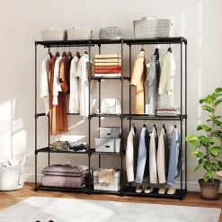 Dressing armoire-penderie dim. 182 x 43 x 185 cm 8 étagères 3 tringles métal non tissé noir