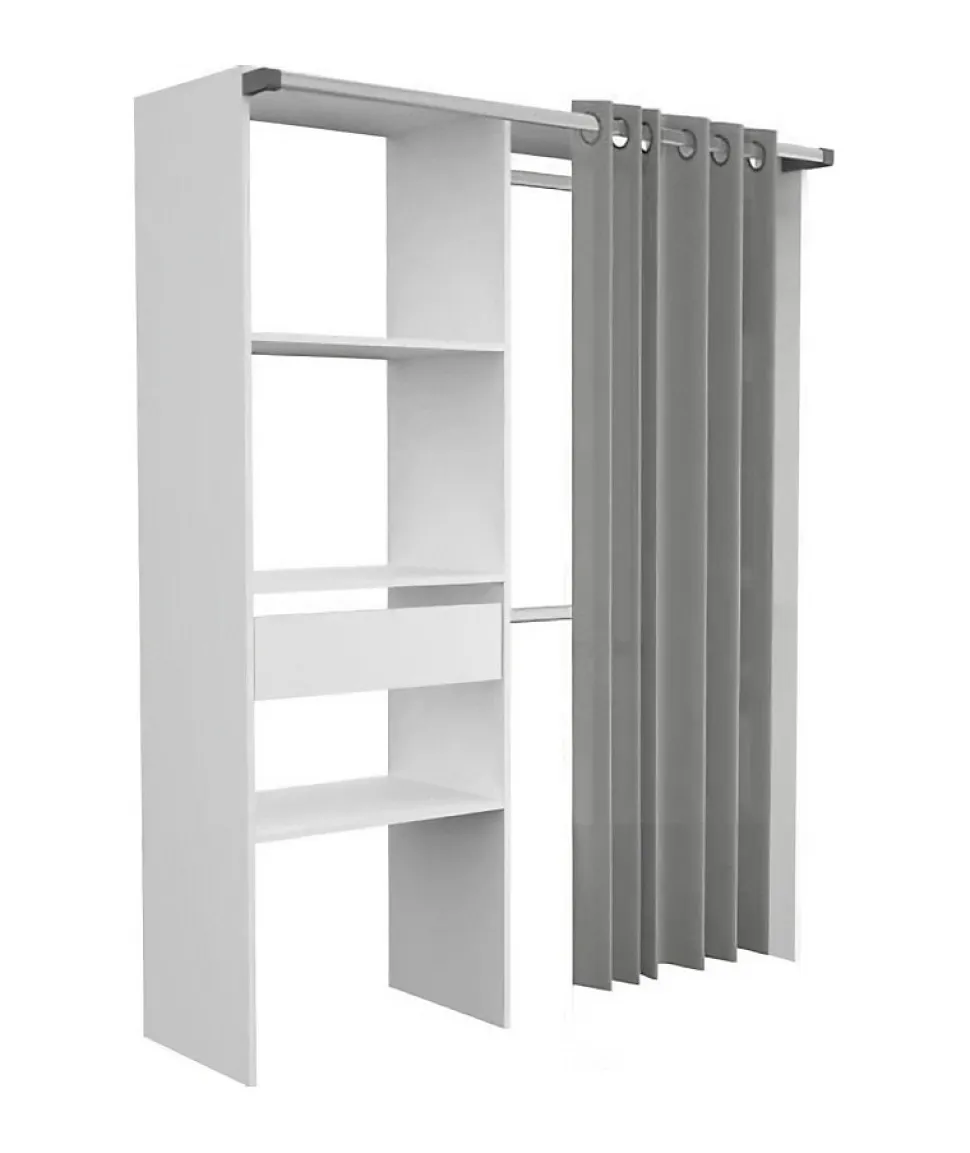 Dressing ARTIC avec rideau - Blanc - 1 colonne + 2 penderies + 1 tiroir - EKIPA
