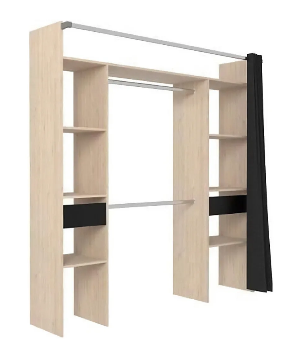 Dressing avec rideau - Decor chene jackson et noir - L 198 x P 48 x H 203 cm - COMO