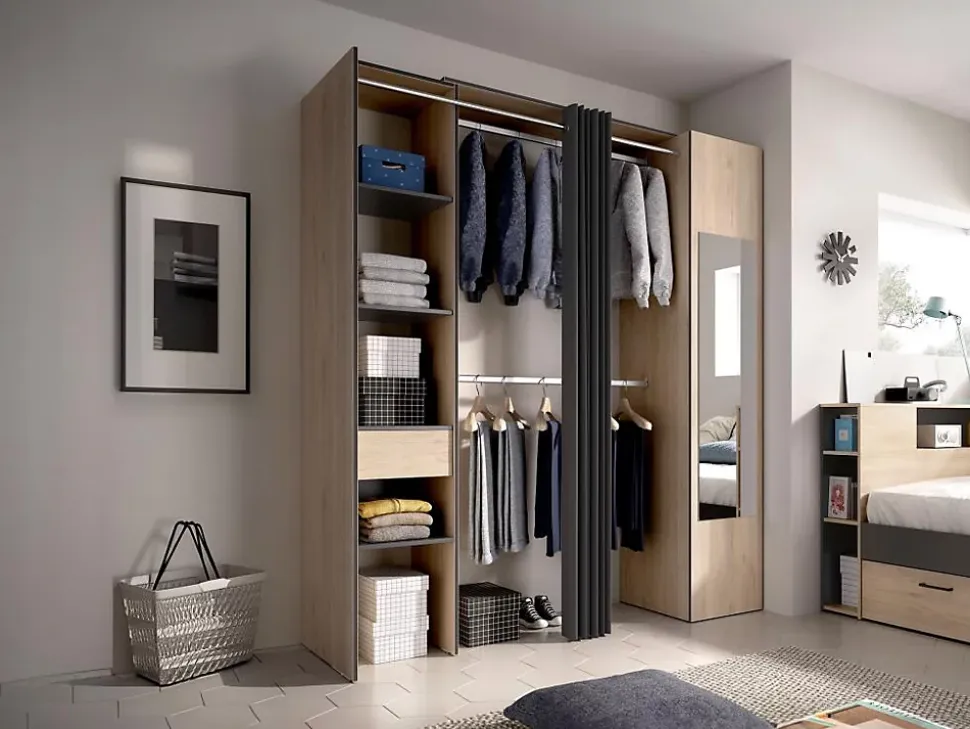Dressing avec rideau et 1 porte - Avec miroir - L177 cm - Coloris : Naturel et anthracite - BERTRAND