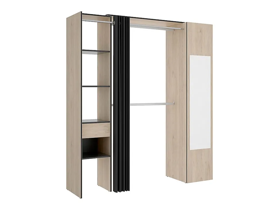 Dressing avec rideau et 1 porte - Avec miroir - L177 cm - Coloris : Naturel et anthracite - BERTRAND