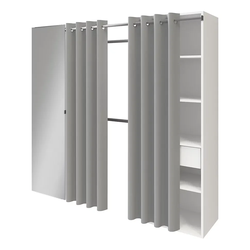 Dressing avec rideau et porte miroir blanc GoodHome Atomia H. 187,5 x L. 200 x P. 45 cm