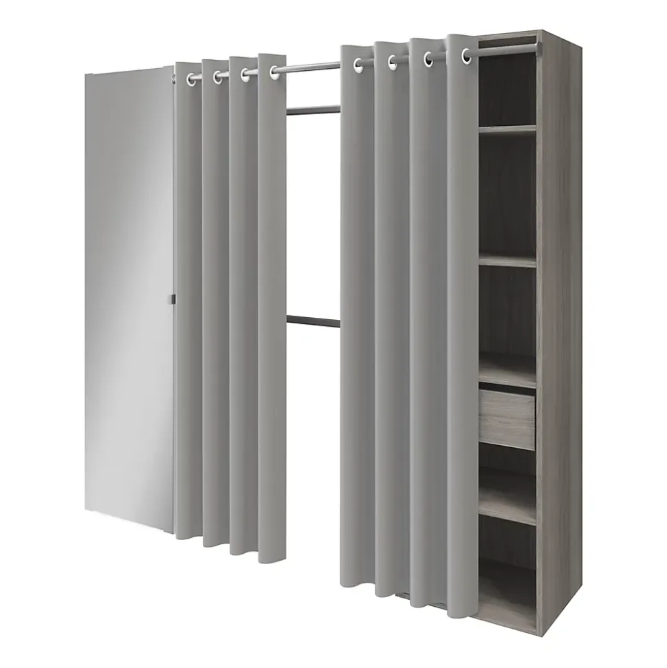 Dressing avec rideau et porte miroir effet chêne grisé GoodHome Atomia H. 187,5 x L. 200 x P. 45 cm