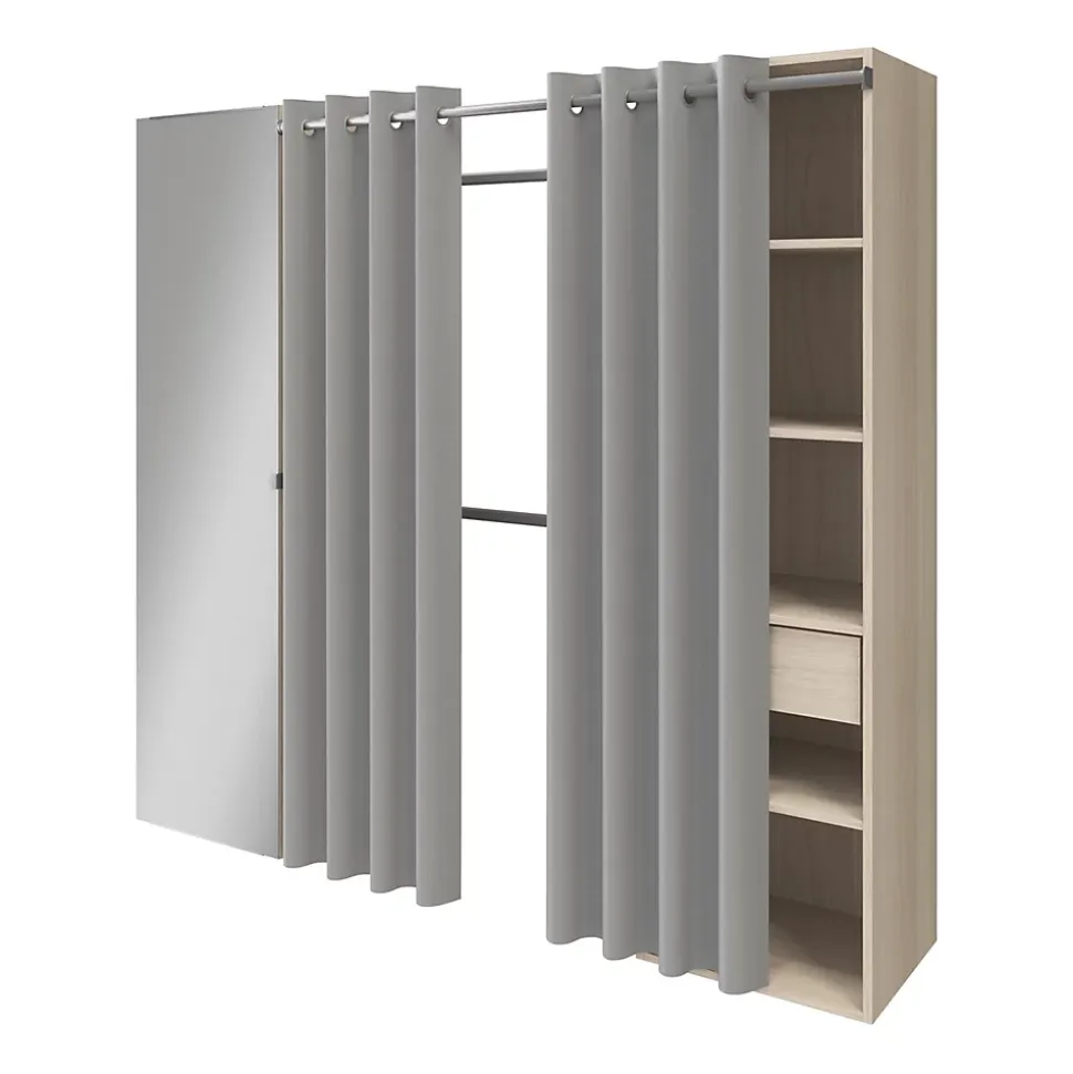 Dressing avec rideau et porte miroir effet chêne GoodHome Atomia H. 187,5 x L. 200 x P. 45 cm