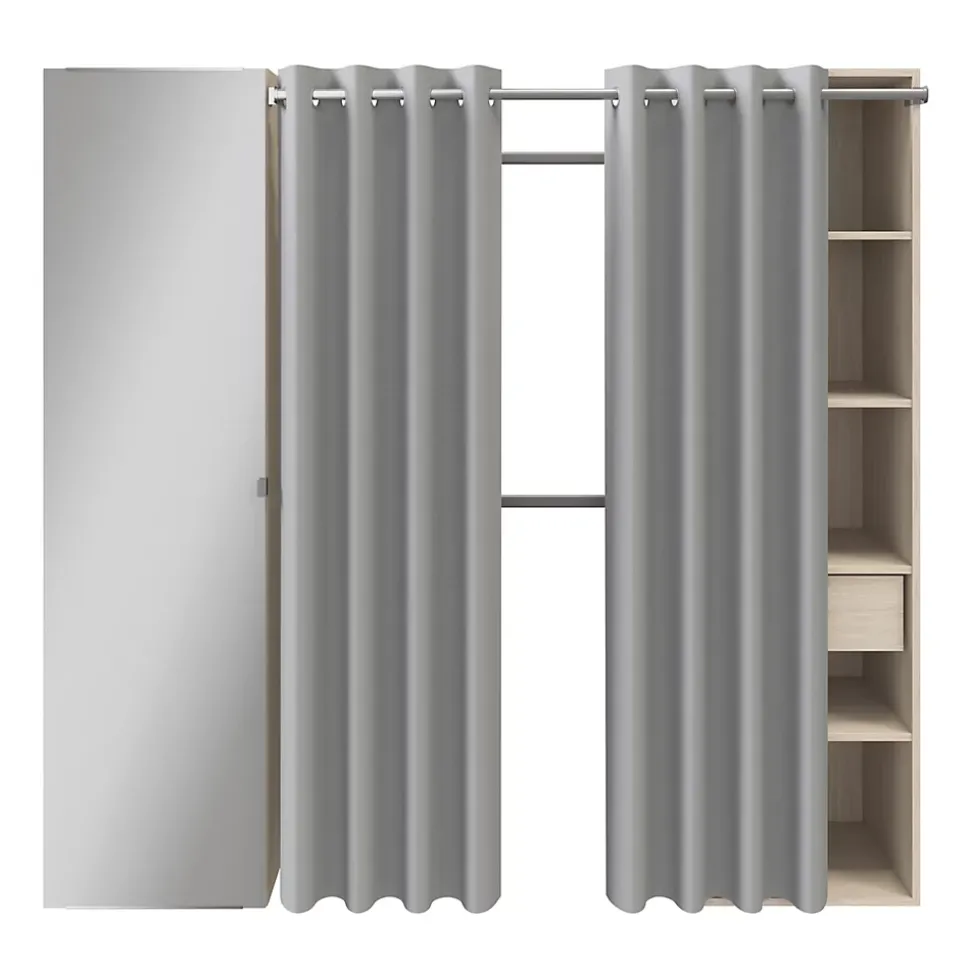 Dressing avec rideau et porte miroir effet chêne GoodHome Atomia H. 187,5 x L. 200 x P. 45 cm