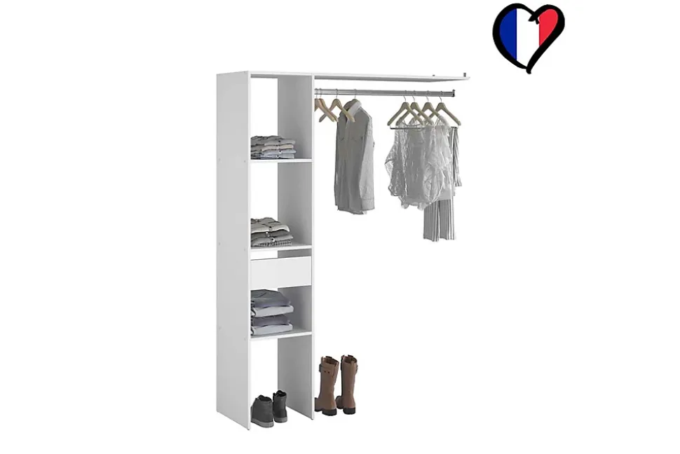 Dressing blanc 3 étagères, 1 tiroir, penderie 138 x 40 x 180 cm - ELYSEE