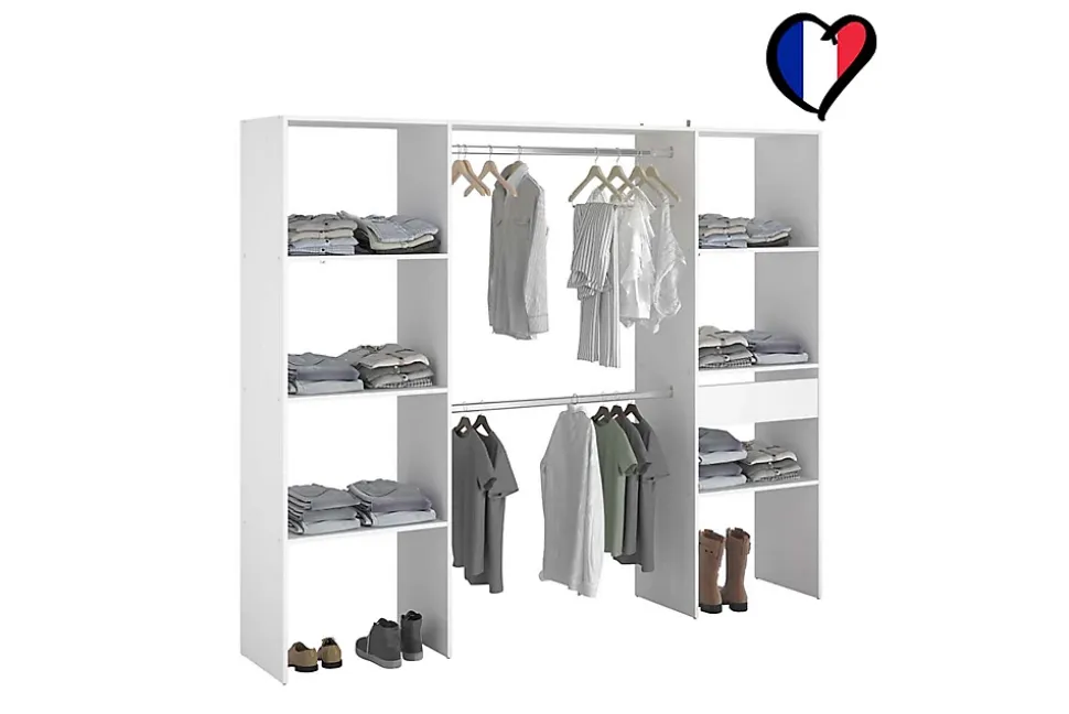 Dressing blanc 6 étagères, 1 tiroir, 2 penderies 220 x 40 x 180 cm - ELYSEE