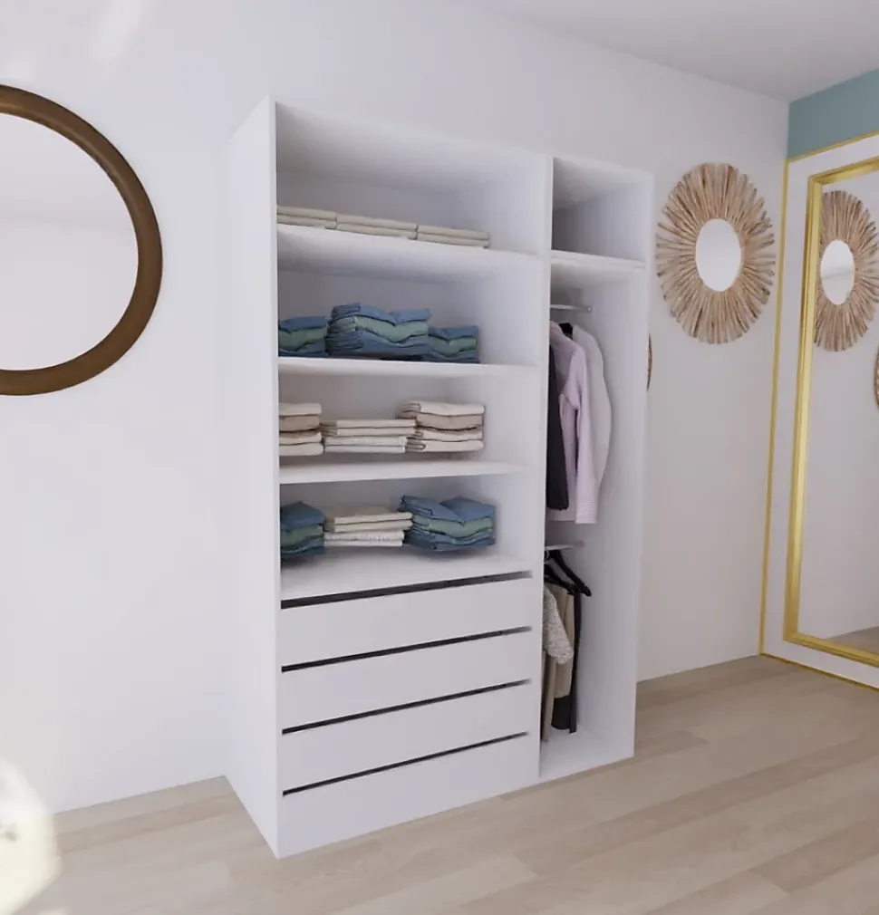 Dressing blanc double penderie et 4 tiroirs GoodHome Atomia H. 225 x L. 150 x P. 58 cm