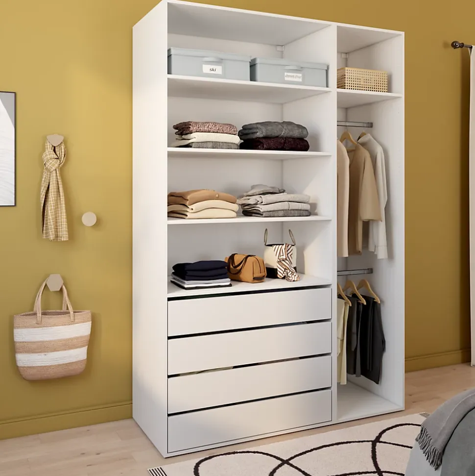 Dressing blanc double penderie et 4 tiroirs GoodHome Atomia H. 225 x L. 150 x P. 58 cm