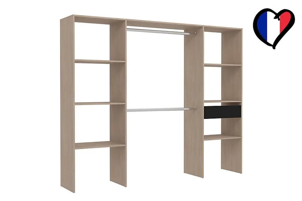 Dressing bois avec 6 étagères, 1 tiroir et 2 penderies : 220 x 40 x 180 cm - ELYSEE