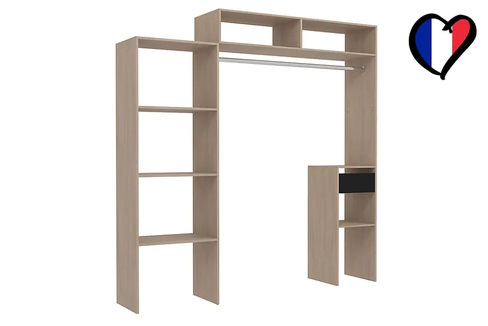 Dressing bois extensible avec penderie, étagères et tiroirs - ELYSEE