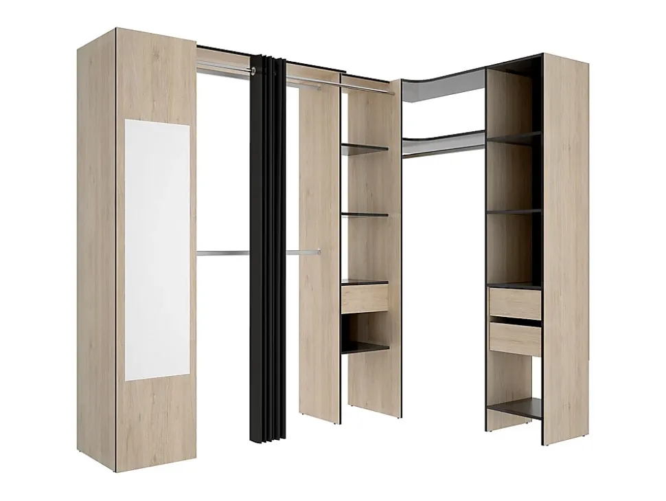 Dressing d'angle avec rideau et 1 porte - Avec miroir - L231 cm - Coloris : Naturel et anthracite - BERTRAND