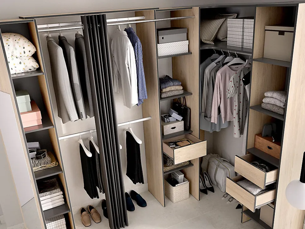 Dressing d'angle avec rideau et 1 porte - Avec miroir - L231 cm - Coloris : Naturel et anthracite - BERTRAND