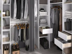 Dressing d'angle avec rideau et 1 porte - Avec miroir - L231 cm - Blanc et gris - BERTRAND