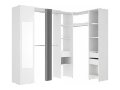 Dressing d'angle avec rideau et 1 porte - Avec miroir - L231 cm - Blanc et gris - BERTRAND
