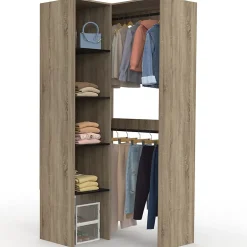 Dressing d'angle modulable L. 90 / 127 cm MELMAN double penderie + étagères bois et noir