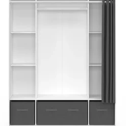 Dressing double penderie DIANE 140 x 45 x 167 cm blanc avec étagères + boites de rangement + rideau gris