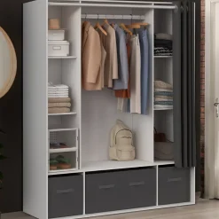 Dressing double penderie DIANE 140 x 45 x 167 cm blanc avec étagères + boites de rangement + rideau gris
