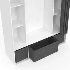 Dressing double penderie DIANE 140 x 45 x 167 cm blanc avec étagères + boites de rangement + rideau gris