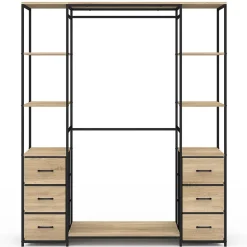 Dressing double penderie + double colonne L. 140 cm UTAH avec 6 étagères et 6 bacs en tissu bois et noir
