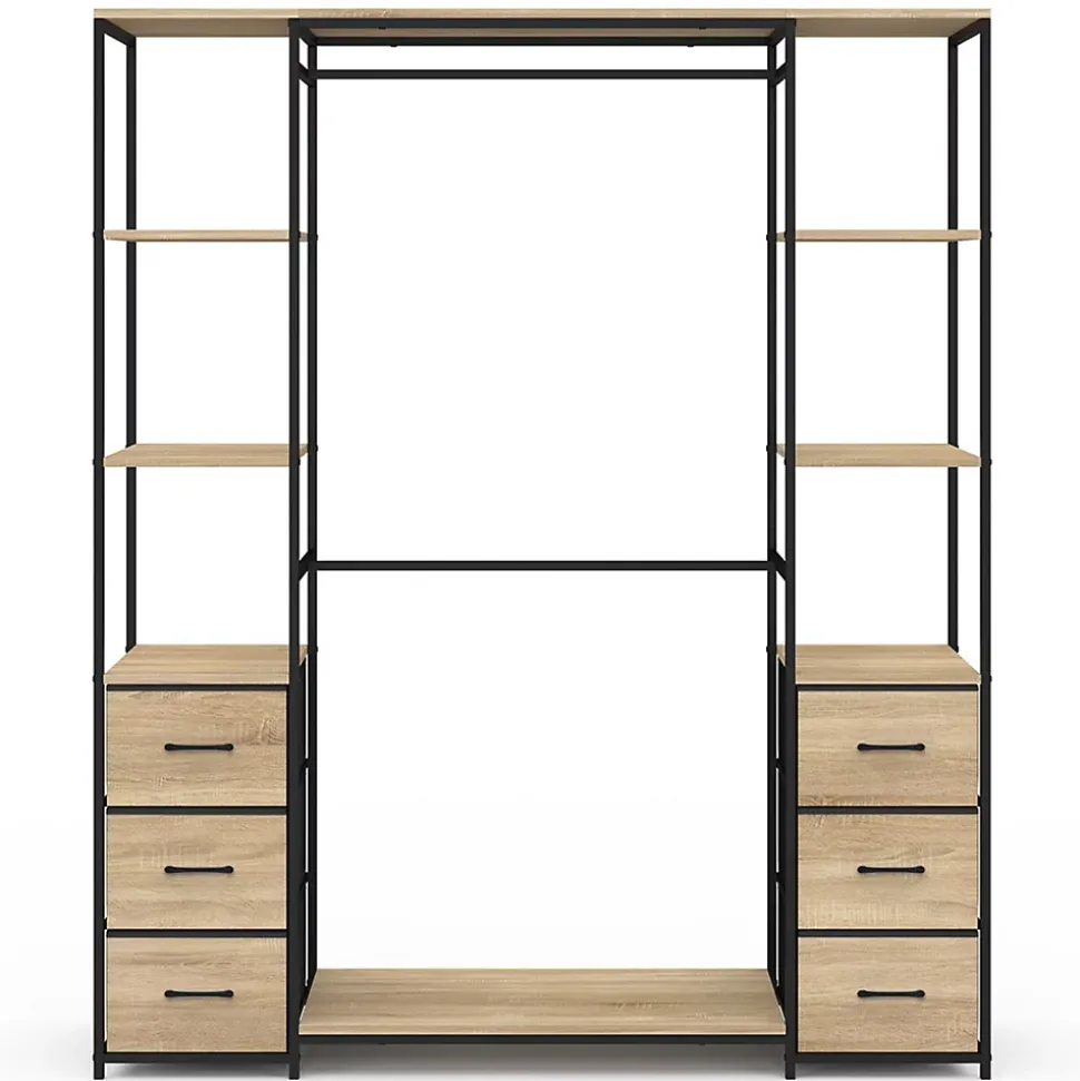 Dressing double penderie + double colonne L. 140 cm UTAH avec 6 étagères et 6 bacs en tissu bois et noir