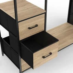 Dressing double penderie + double colonne L. 140 cm UTAH avec 6 étagères et 6 bacs en tissu bois et noir
