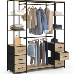 Dressing double penderie + double colonne L. 140 cm UTAH avec 6 étagères et 6 bacs en tissu bois et noir