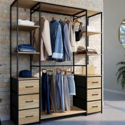 Dressing double penderie + double colonne L. 140 cm UTAH avec 6 étagères et 6 bacs en tissu bois et noir