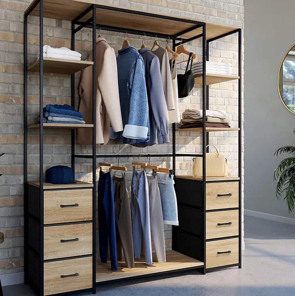 Dressing double penderie + double colonne L. 140 cm UTAH avec 6 étagères et 6 bacs en tissu bois et noir