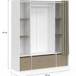 Dressing double penderie DIANE 140 x 45 x 167 cm blanc avec étagères + boites de rangement + rideau taupe