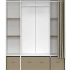 Dressing double penderie DIANE 140 x 45 x 167 cm blanc avec étagères + boites de rangement + rideau taupe