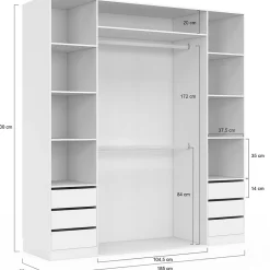 Dressing double TAYLOR 185 x 55 x 200 cm avec étagères + double penderie + tiroirs blanc