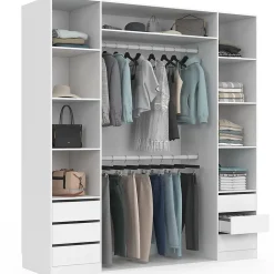 Dressing double TAYLOR 185 x 55 x 200 cm avec étagères + double penderie + tiroirs blanc