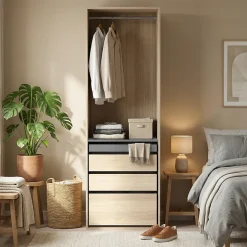 Dressing effet chêne 4 tablettes 3 tiroirs GoodHome Atomia H. 225 x L. 75 x P. 58 cm