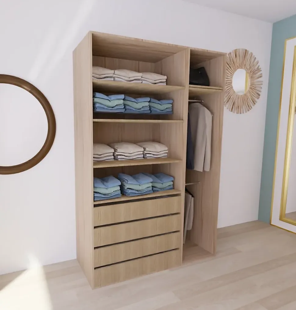 Dressing effet chêne double penderie et 4 tiroirs GoodHome Atomia H. 225 x L. 150 x P. 58 cm