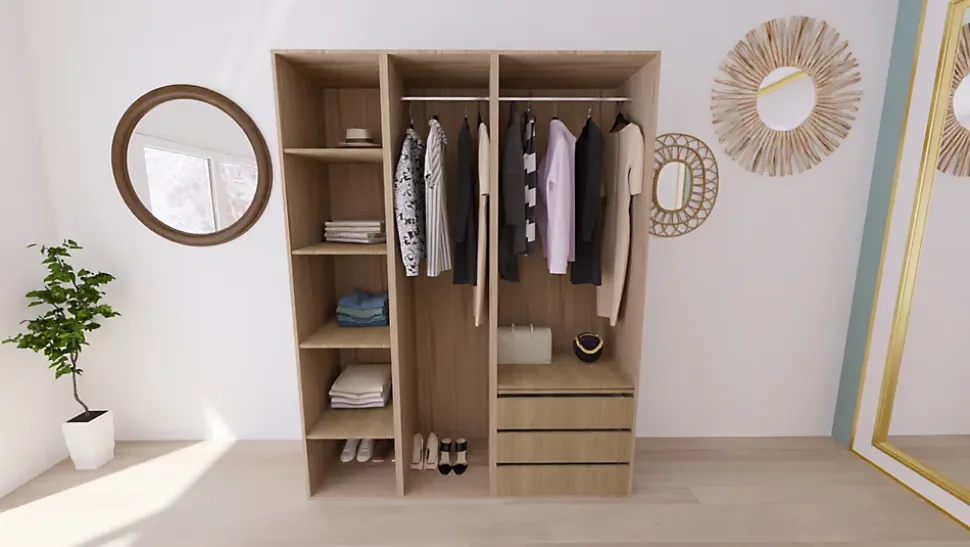 Dressing effet chêne double penderie 3 tiroirs GoodHome Atomia H. 225 x L. 175 x P. 58 cm