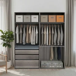 Dressing effet chêne grisé avec porte pantalon 4 tablettes 3 tiroirs GoodHome Atomia H. 225 x L. 200 x P. 58 cm