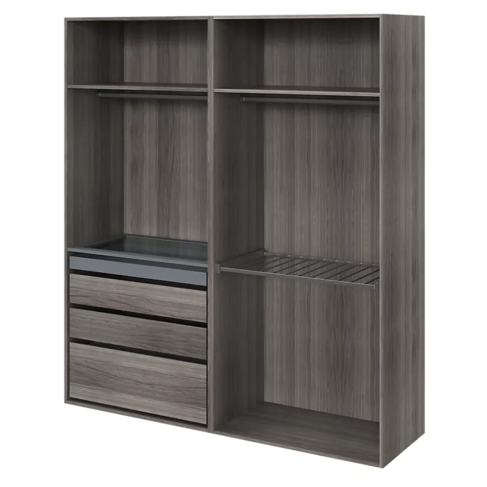 Dressing effet chêne grisé avec porte pantalon 4 tablettes 3 tiroirs GoodHome Atomia H. 225 x L. 200 x P. 58 cm