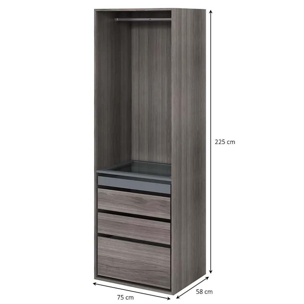 Dressing effet chêne grisé4 tablettes 3 tiroirs GoodHome Atomia H. 225 x L. 75 x P. 58 cm